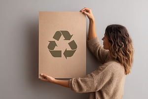 Engaging woman promotes recycling by holding up an eco-friendly poster in minim, a Photo by AlyaAnd