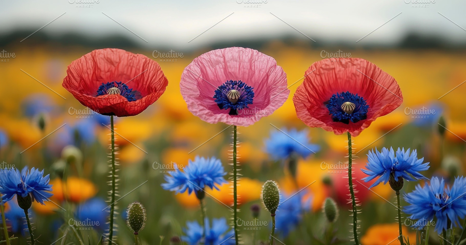 Three vibrant poppies with blue cornflowers in a colorful meadow, a Nature Photo by José Manuel Gelpi