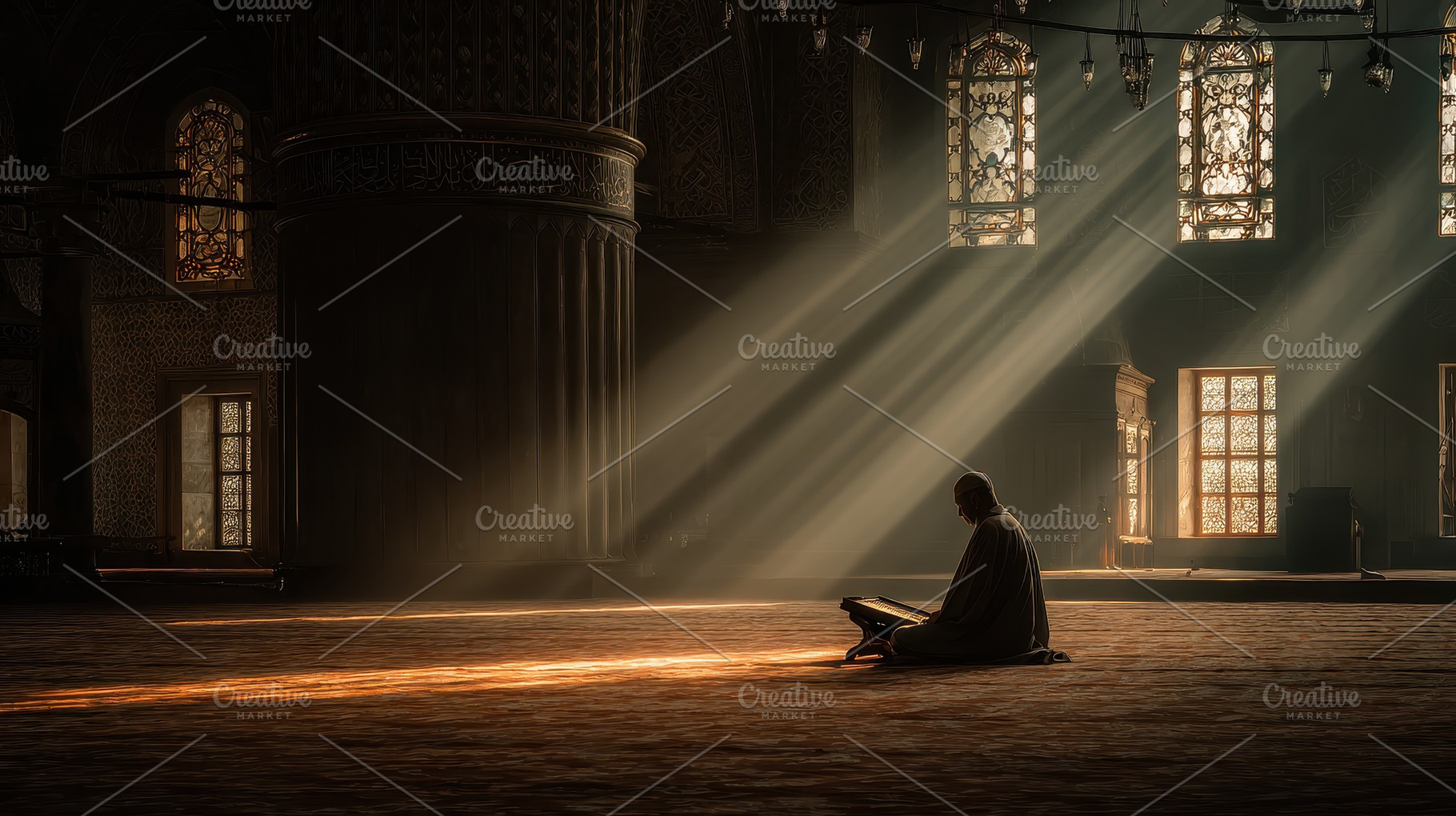 Man Praying in Mosque Sunbeams Illum, a Photo by Pixeness Studio