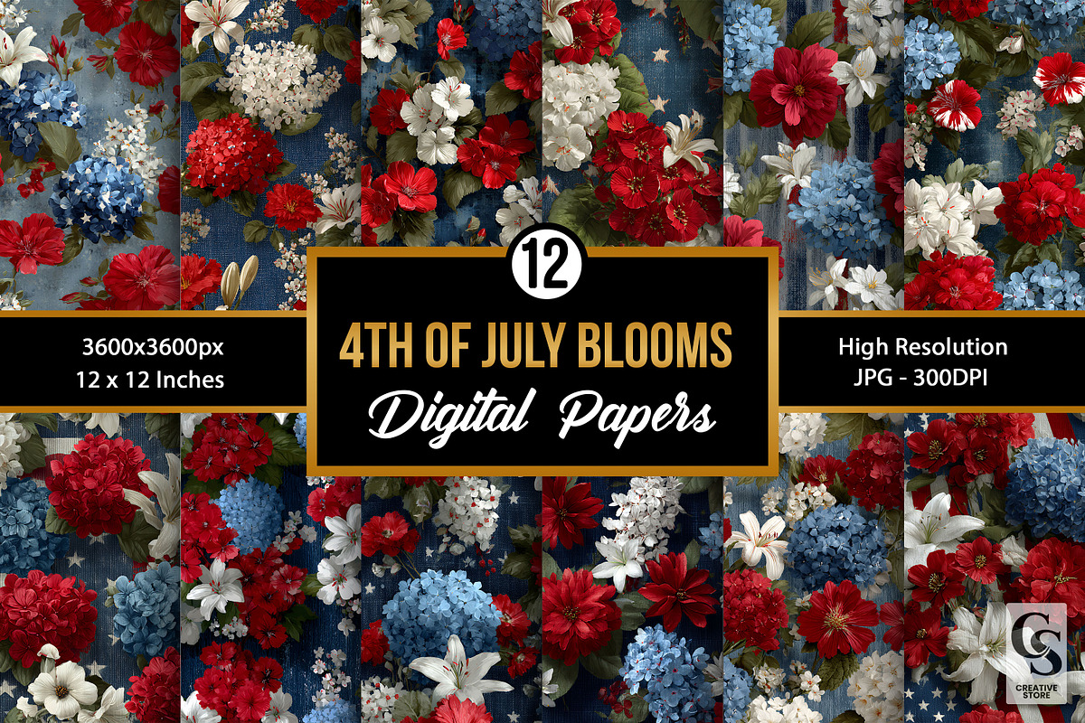 4th of July Blooms Digital Papers, a Pattern Graphic by Creative Store (Photo 1 of 5)
