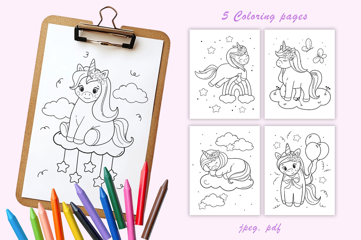 Unicorns SVG PNG + Coloring Pages, an Animal Illustration by ArtGiftsStudio (Photo 5 of 5)