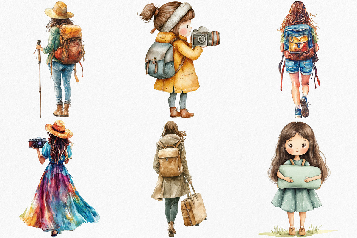 Watercolor Traveler Girl Clipart, an Illustration by Canvas Craft (Photo 3 of 8)