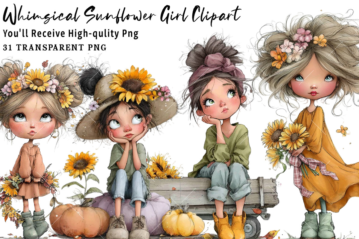 Whimsical Sunflower Girl Clipart, a Seasonal Illustration by OK Design (Photo 1 of 6)