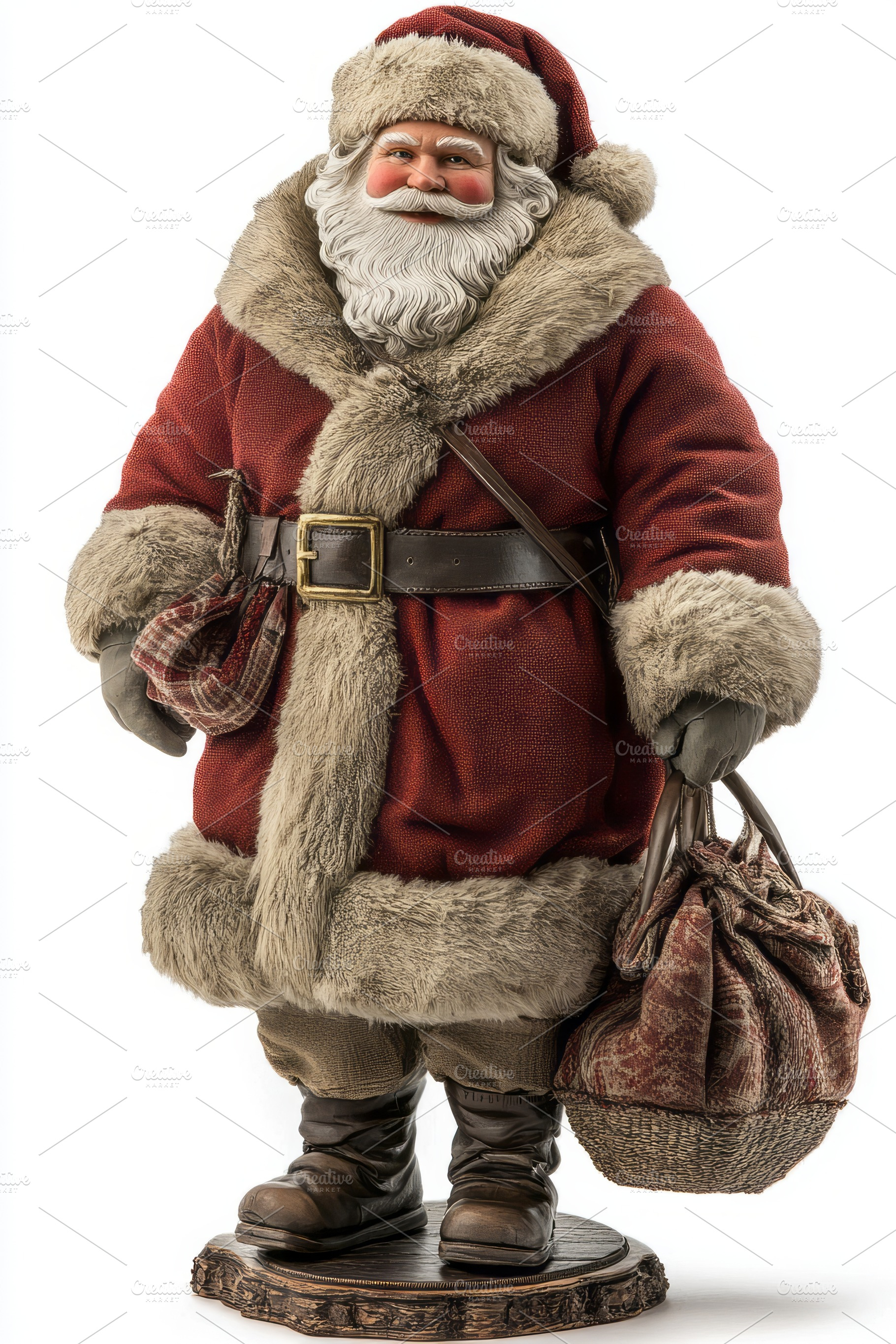A jolly male Santa Claus figurine with a fluffy red coat, full beard, and bag,, a Background Photo by ImageMir