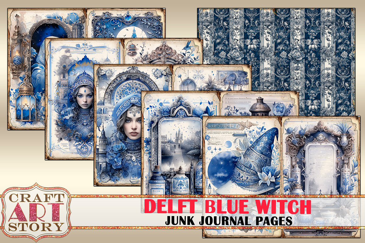 Delft Blue Witch Junk Journal Pages, a Person Illustration by CraftArtStory (Photo 4 of 5)
