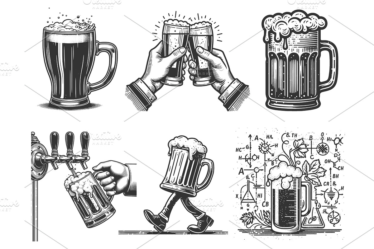 Beer Glass and Cheers engraving, a Food Illustration by AlexArt