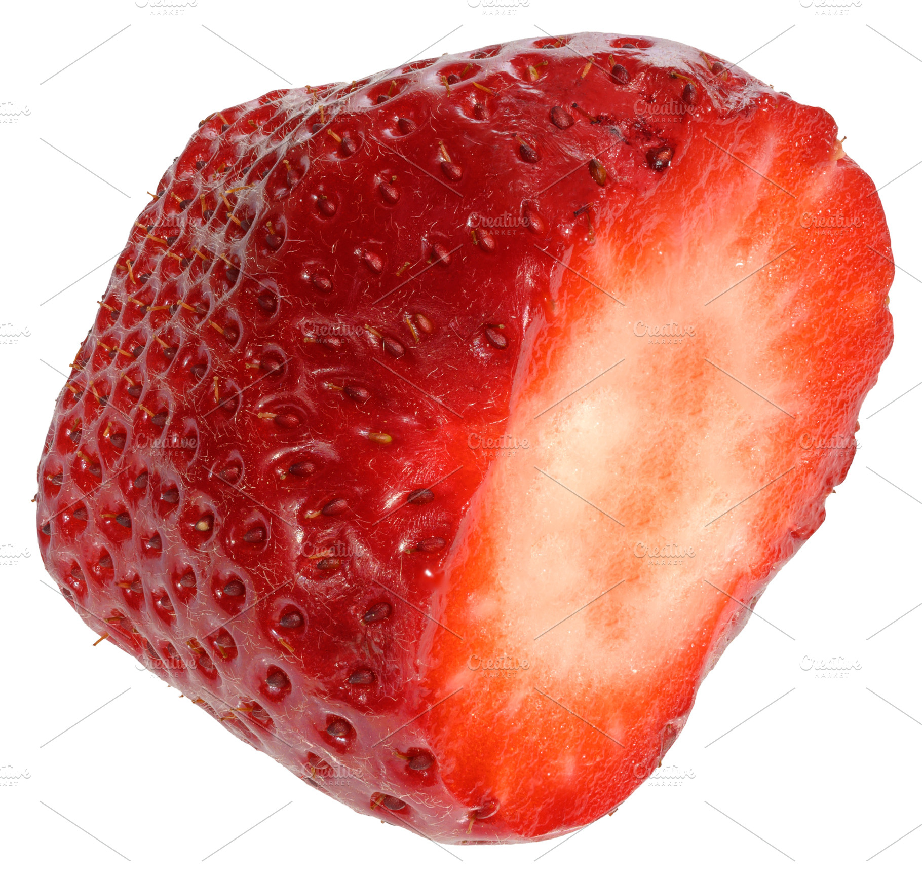 Round piece of ripe red strawberry on isolated background, a Food & Drink Photo by ndanko