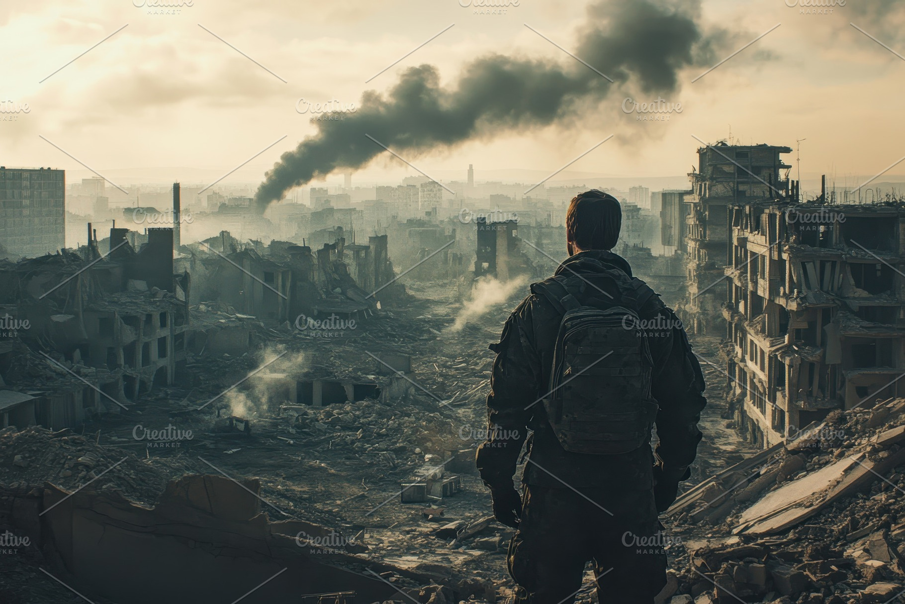 Man overlooking destroyed city, a Photo by Pavel_design