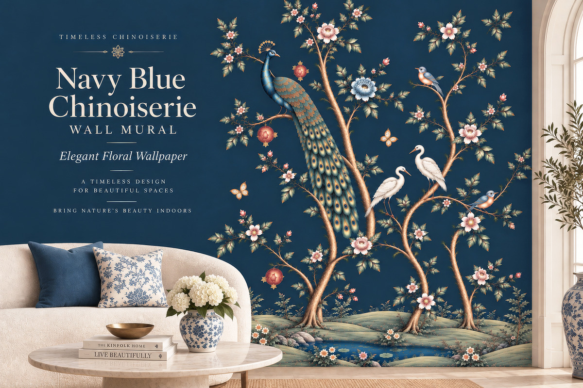 Navy Blue Chinoiserie Wall Mural, a Wallpaper Graphic by by creative paper (Photo 1 of 20)