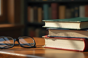 Books And Glasses On Wooden Study De, a Photo by LOGOCREATIVE