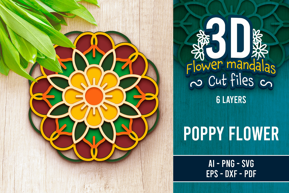 3D Poppy Flower Mandala - SVG Cut Fi, an Object Graphic by Arshad Ali (Photo 1 of 8)
