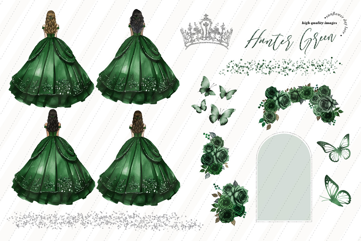 green dress clipart Hunter Green Princess Dress Clipart, Green Flowers Watercolor Clipart,  Emerald Quinceaera Verde Clipart, Mexican Wedding Dressses, CA154