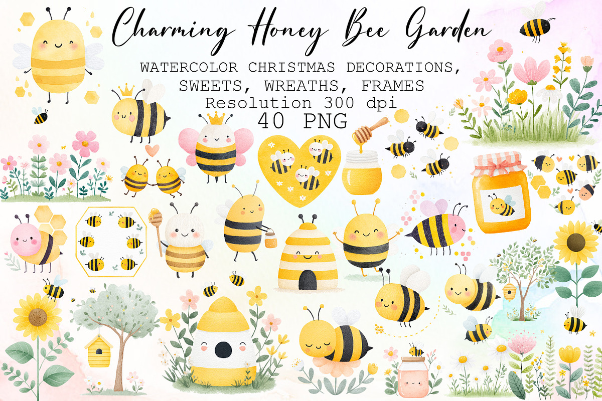 Charming Honey Bee Garden Clipart Se, an Illustration by Sublimation Artist (Photo 1 of 6)