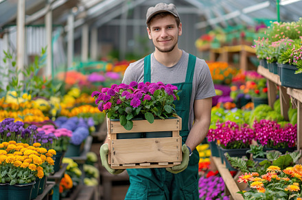 Young man with wooden crate gardening flowers in greenhouse, a Nature Photo by AlyaAnd