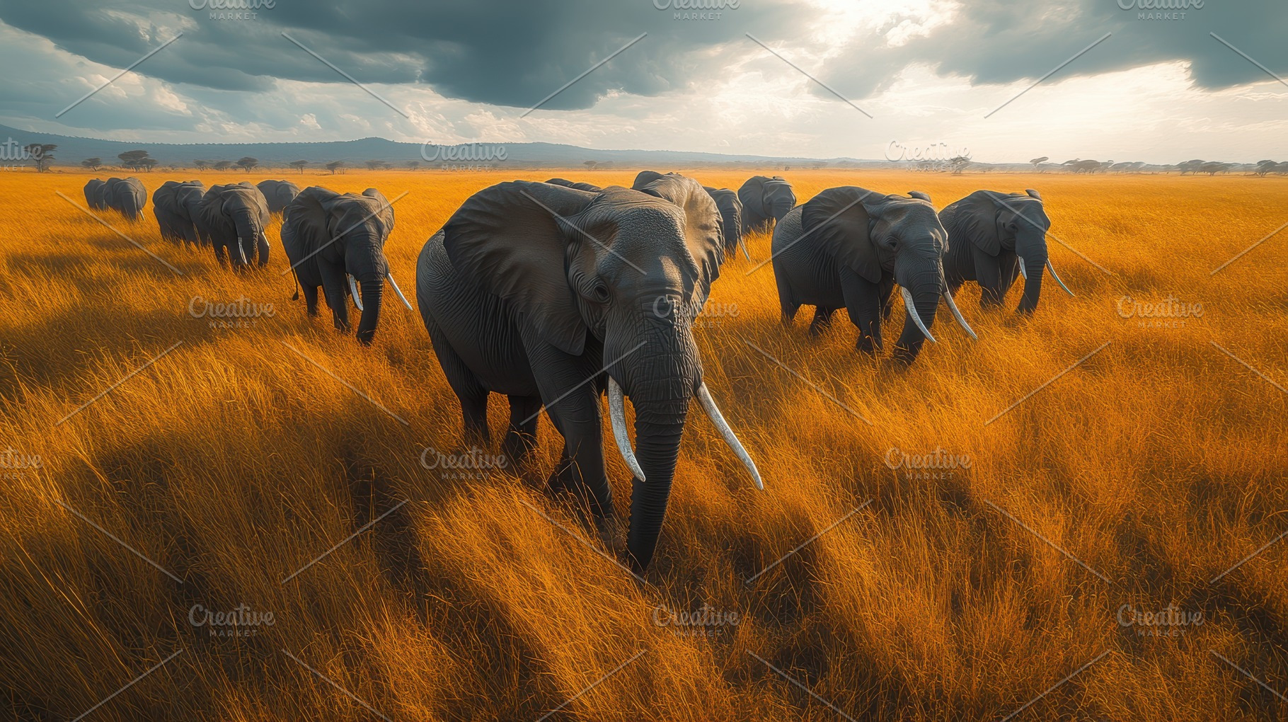 Elephant herd migrates across golden, an Animal Photo by Pixeness Studio