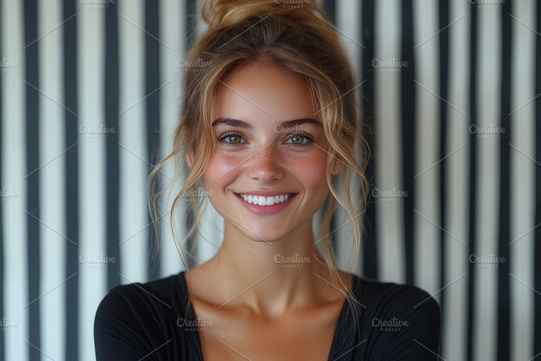 Young woman smiling widely against a, a Photo by Tanuart
