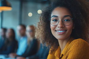 Smiling businesswoman in glasses at, a Photo by Pixeness Studio