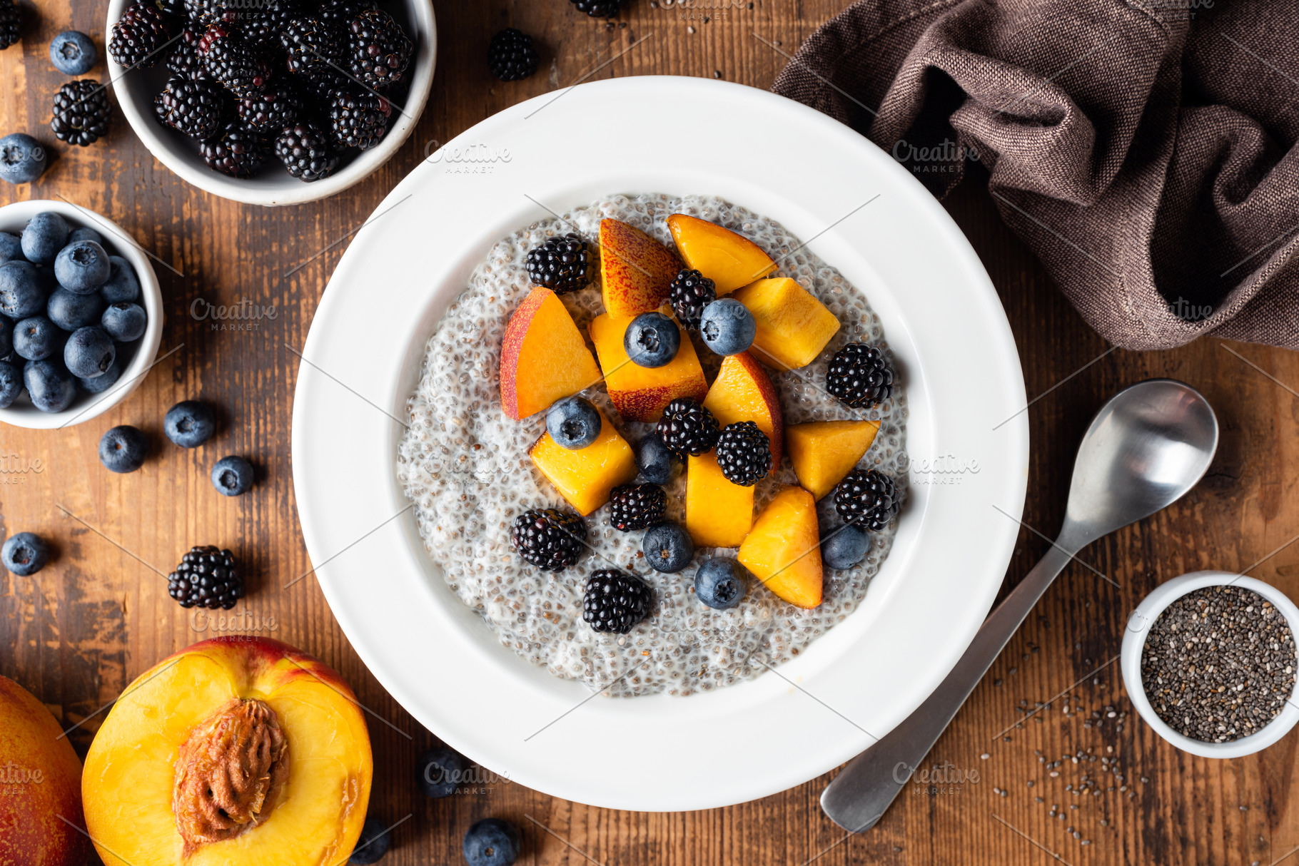 Chia pudding bowl with peach, berry, a Food & Drink Photo by The baking man