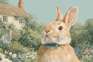 Rabbit looking up while wearing a bow tie, sitting among white r, an Illustration by Studio ANNA