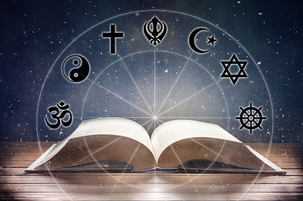 Book on wooden table with religious symbology and universe backg, a School & Education Photo by Davizro's Market