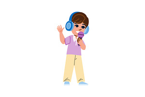Young boy singing with headphones, an Illustration by pikepicture