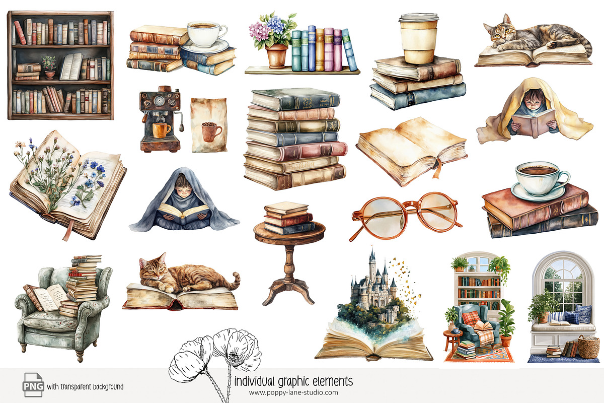 105 book lover clip art, an Object Illustration by Poppy Lane Studio (Photo 2 of 12)