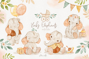 Baby Elephants Animals Watercolor