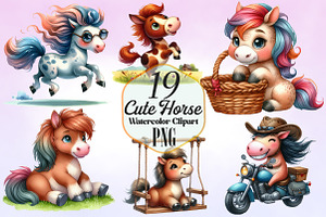 Watercolor Cute Horse Clipart Bundle, an Animal Illustration by Craft Nest