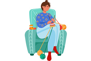 Happy woman knitting hat in armchair, a Person Illustration by vectorpointstudio