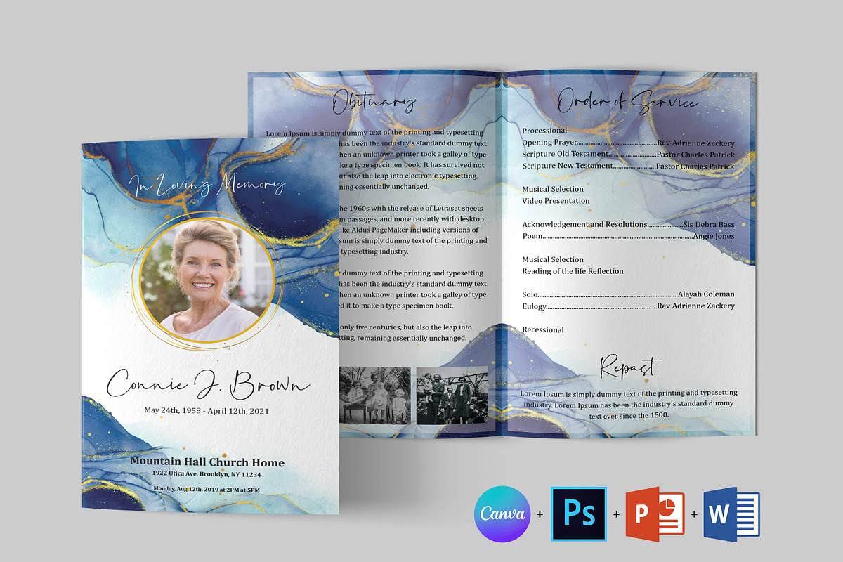 Blue Gold Funeral Program Template, a Brochure Template by Designscozy (Photo 4 of 8)
