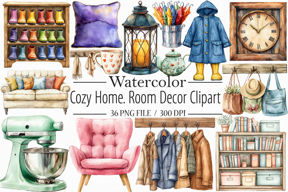 Cozy Home. Room Decor Watercolor Cli, an Illustration by Libby Wishes (Photo 1 of 7)