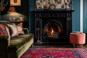 Cozy living room interior with a roaring fireplace creating a warm ambiance and, an Architecture Photo by Studio ANNA