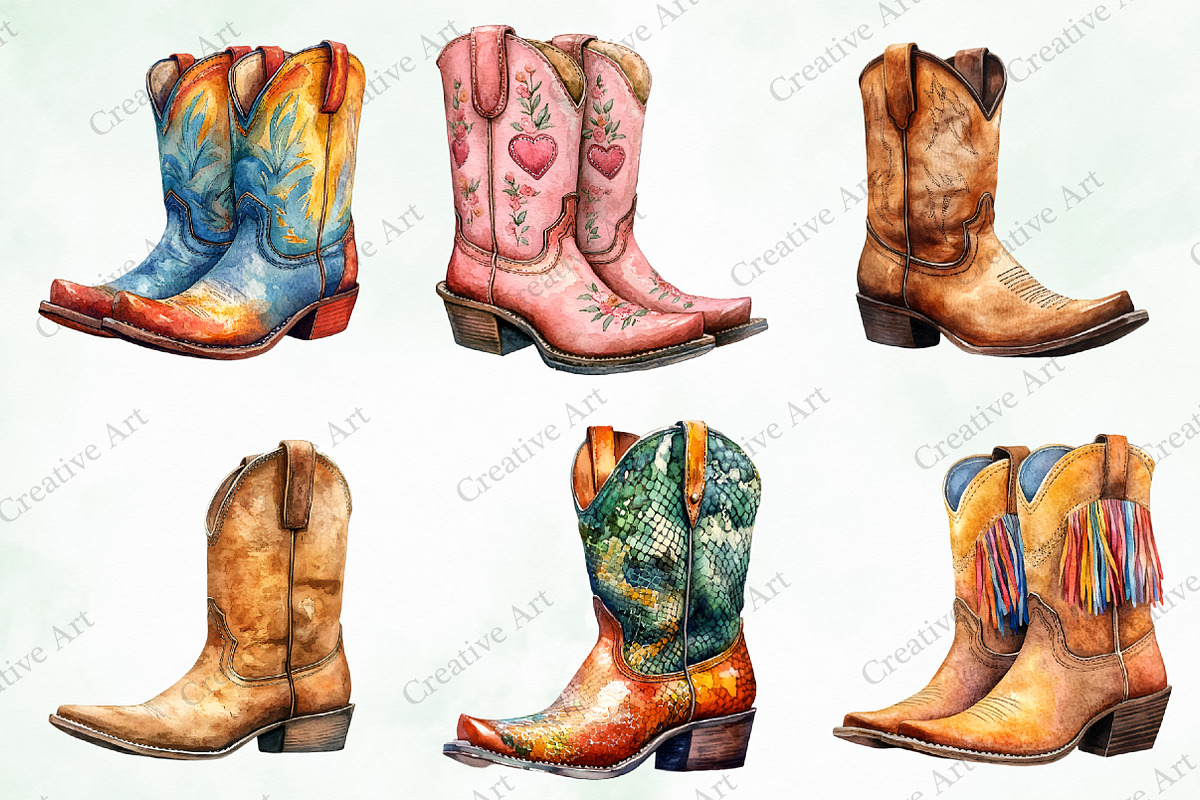 Western Boots Watercolor Clipart, an Illustration by Creative Art (Photo 2 of 10)