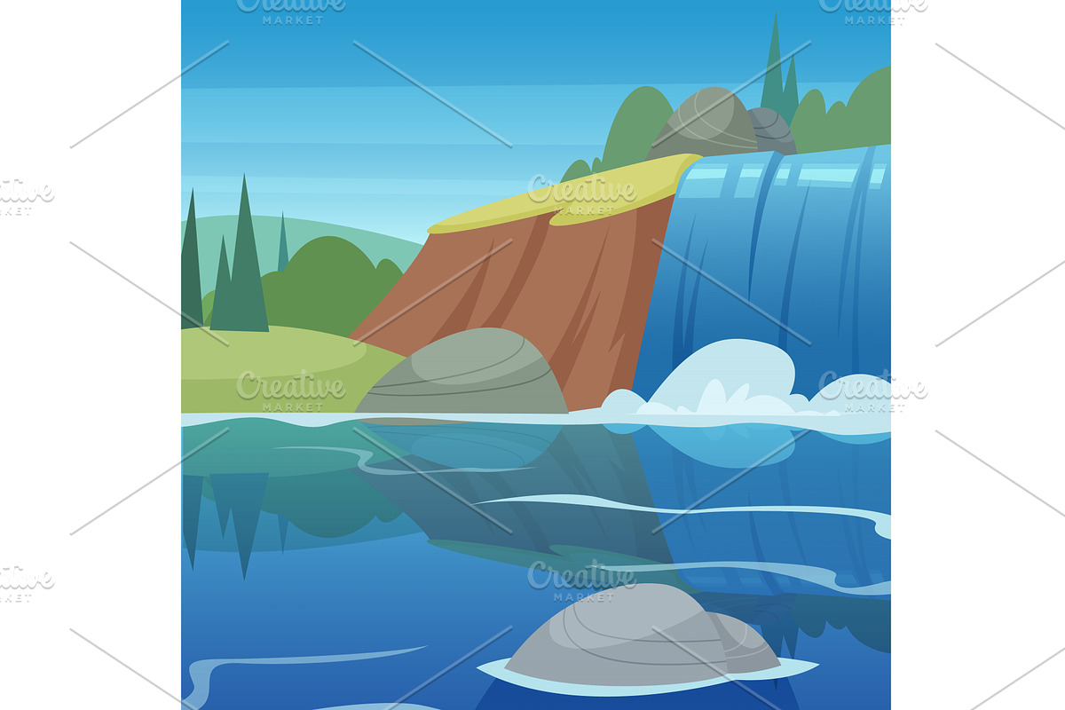 Waterfall. cartoon landscape with, an Illustration by Onyx