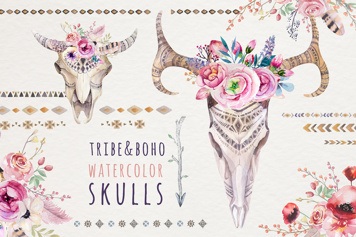 Watercolor boho skulls, a Decorative Illustration by Peace ART (Photo 1 of 7)