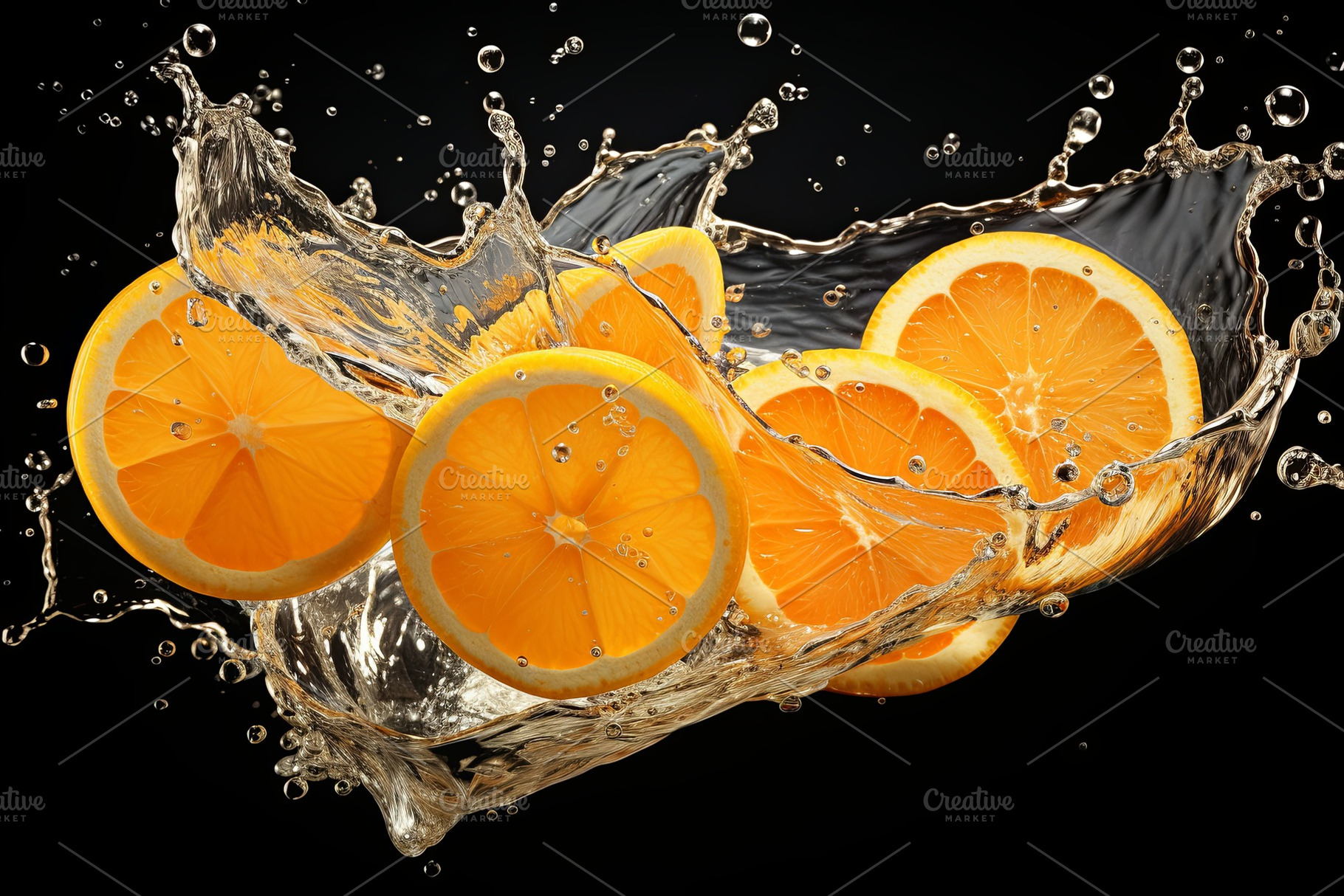 Fresh fruit floating orange juice or, a Food & Drink Photo by Pixeness