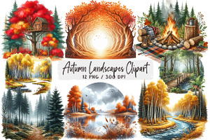 Watercolor Autumn Landscapes Clipart, a Seasonal Illustration by DreamArtGraphic