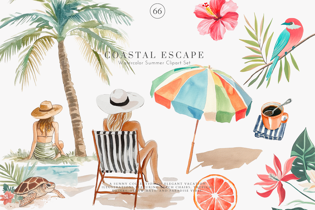 watercolor beach clipart collection, a Decorative Illustration by Patishop Art (Photo 2 of 10)