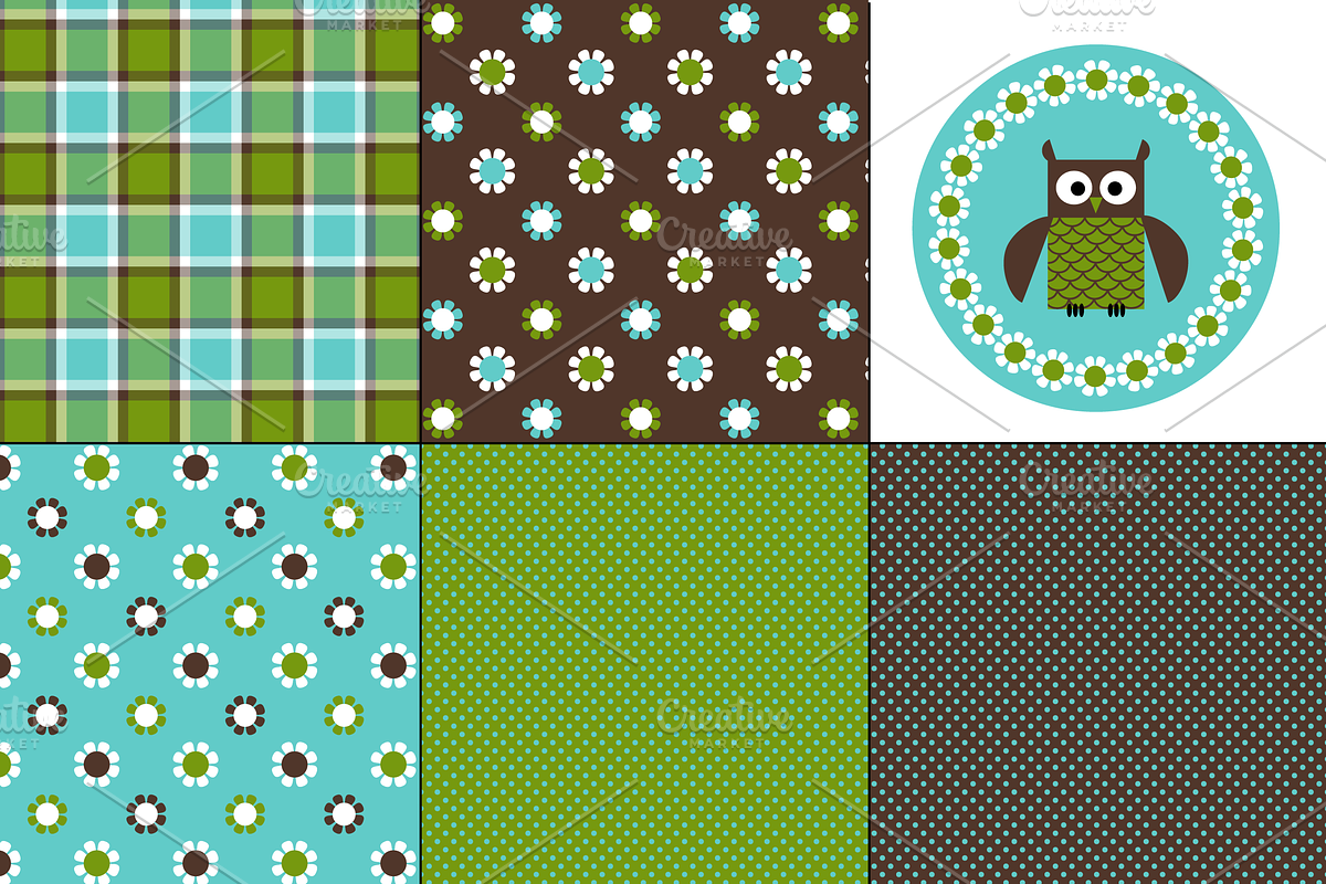 Mushroom & Owl Patterns Blue/Green preview 3