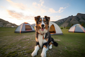 Portrait of Australian Shepherd dog in front of camping tent in mountain forest, an Animal Photo by Lenor4ik