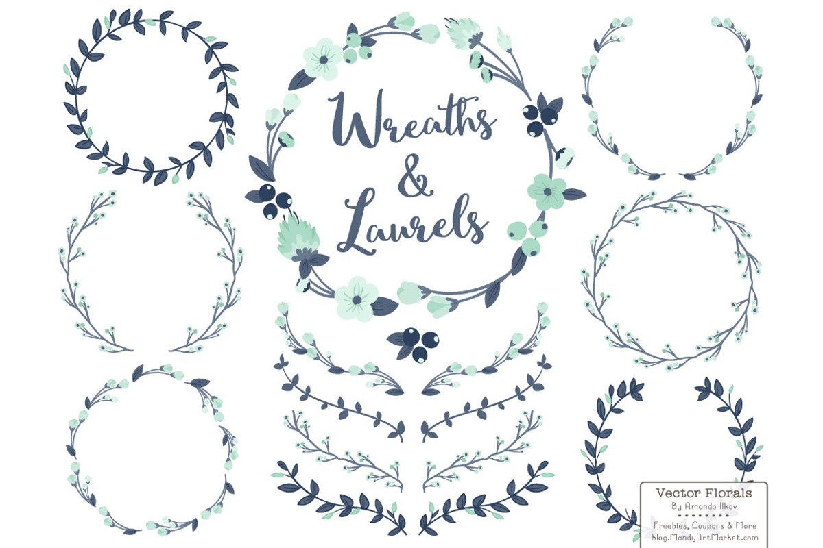 Navy & Mint Vector Flower Wreaths, an Illustration by Amanda Ilkov (Photo 1 of 3)