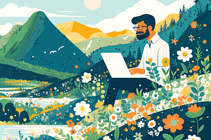Man working on a laptop outdoors amidst picturesque mountains and vibrant flowe, a Photo by AS photostudio