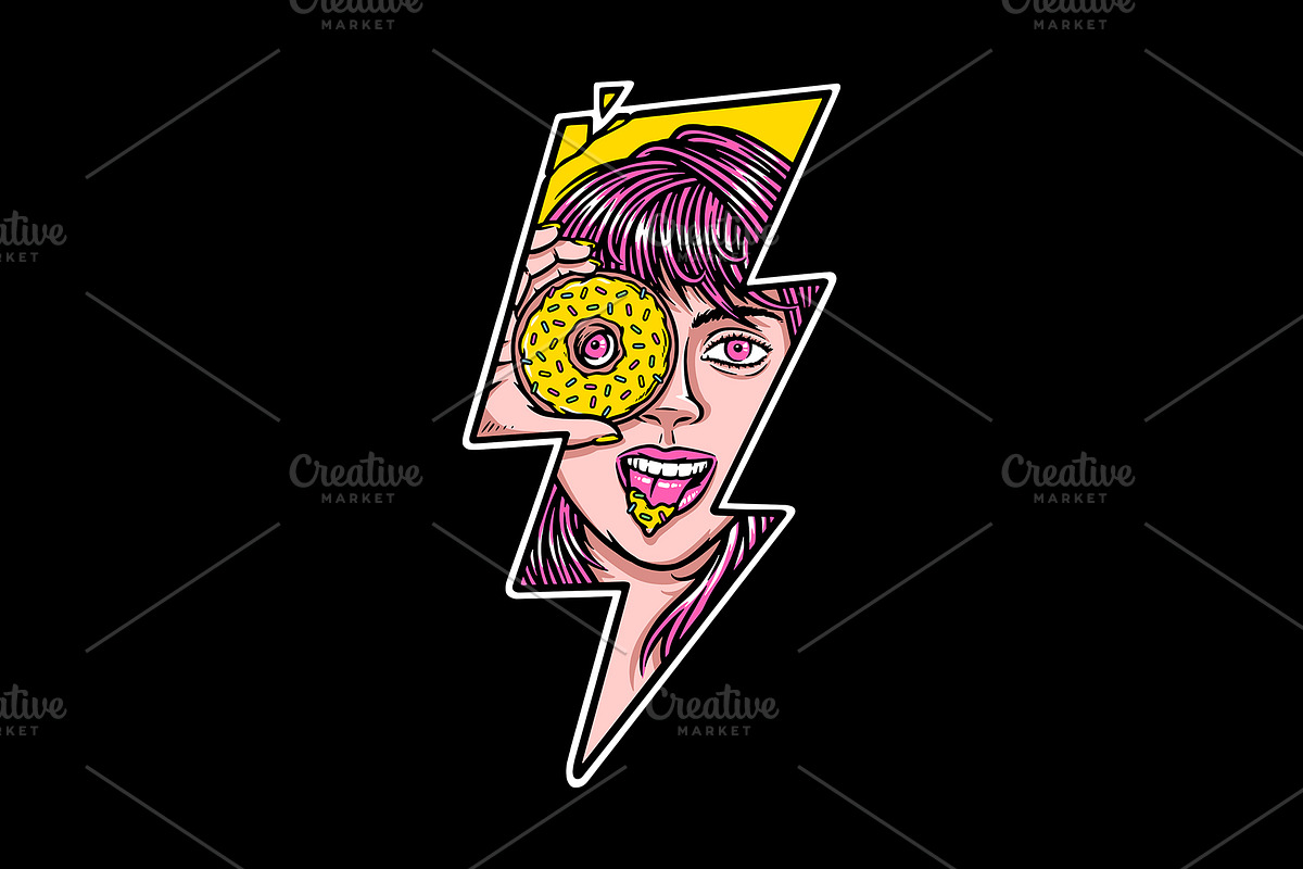 woman holding a donut with lightning, an Illustration by gunaonedesign (Photo 1 of 4)