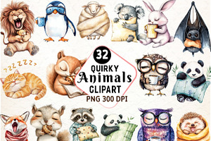 Funny Cartoon Sleepy Quirky Animals, an Illustration by Watercolor design