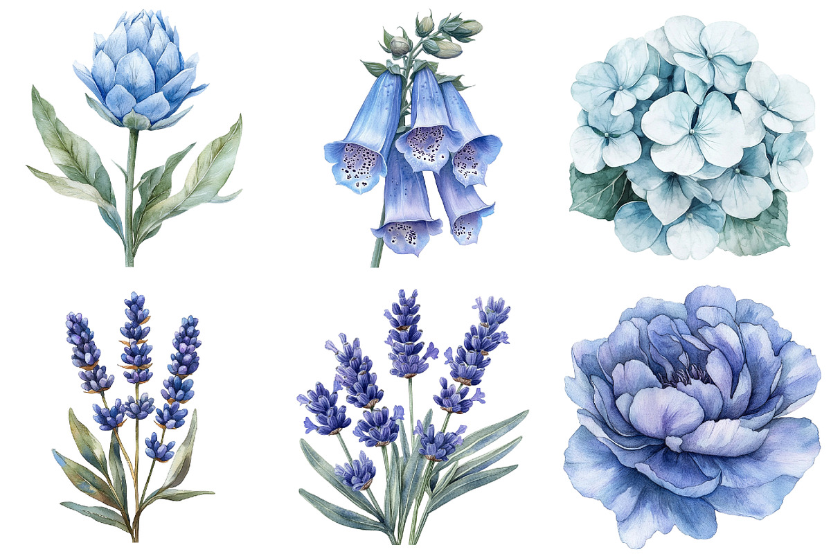 Dusty blue watercolor floral clipart, an Illustration by Watercolor design (Photo 3 of 5)