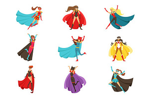 Female Superheroes In Classic Comics Costumes With Capes Set Of Smiling Flat Cartoon Characters With Super Powers