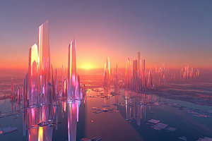Stunning crystal cityscape shines under a vibrant sunset over a tranquil water, a Photo by AlyaAnd