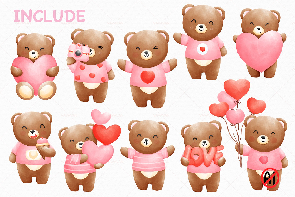 Valentine watercolor bear clipart, an Animal Illustration by Vavavan Artwork (Photo 2 of 4)