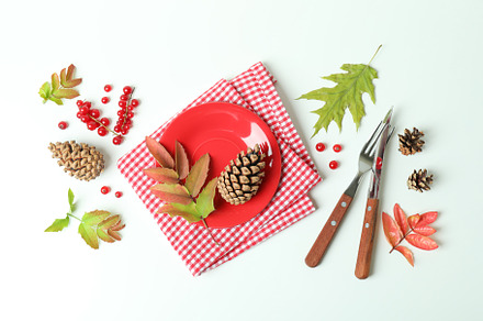 Happy Thanksgiving Day composition on white wooden table, a Food & Drink Photo by AtlasStudio PRO