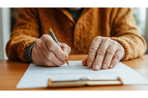 A senior Caucasian person signs a, a Business Photo by Sergey Kotenev